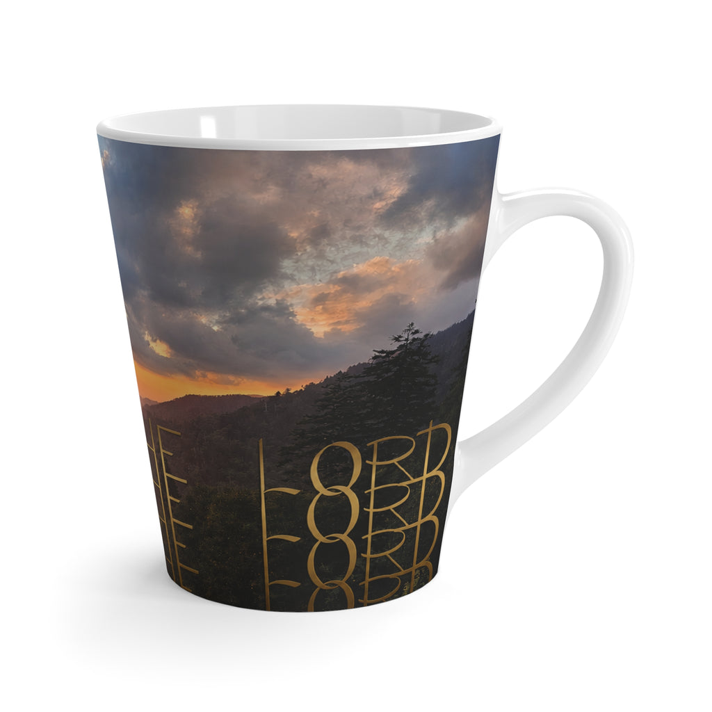 Sunset Mountain Landscape Latte Mug | Hand-drawn Gold Rune Pattern