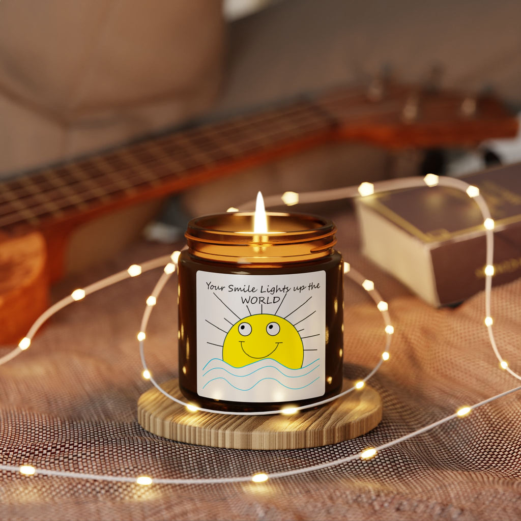 Your Smile Lights the world, Smiling Sun Illustration Candle amber jar | Scented Soy Candle