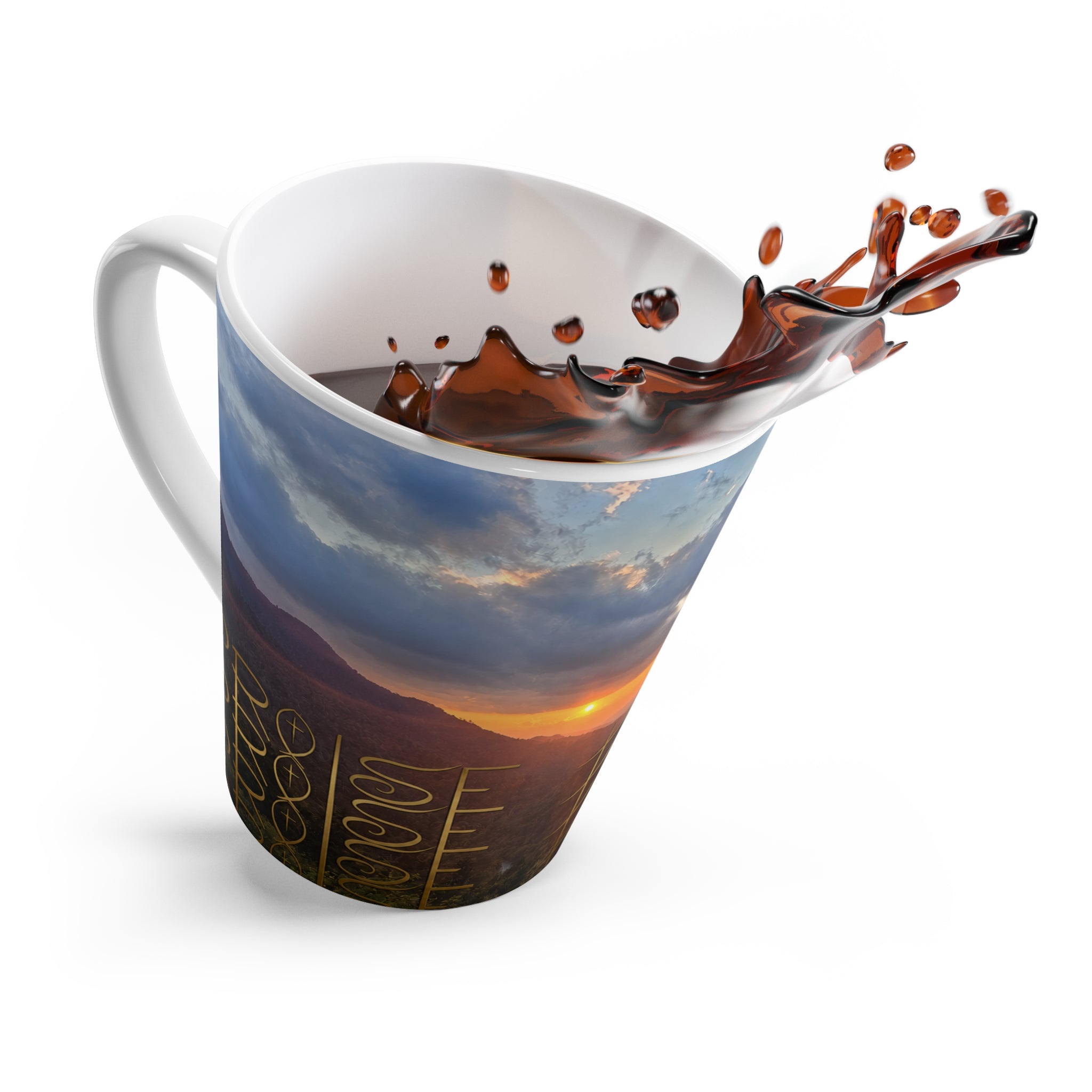 Sunset Mountain Landscape Latte Mug | Hand-drawn Gold Rune Pattern