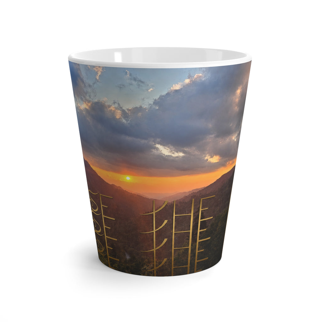 Sunset Mountain Landscape Latte Mug | Hand-drawn Gold Rune Pattern