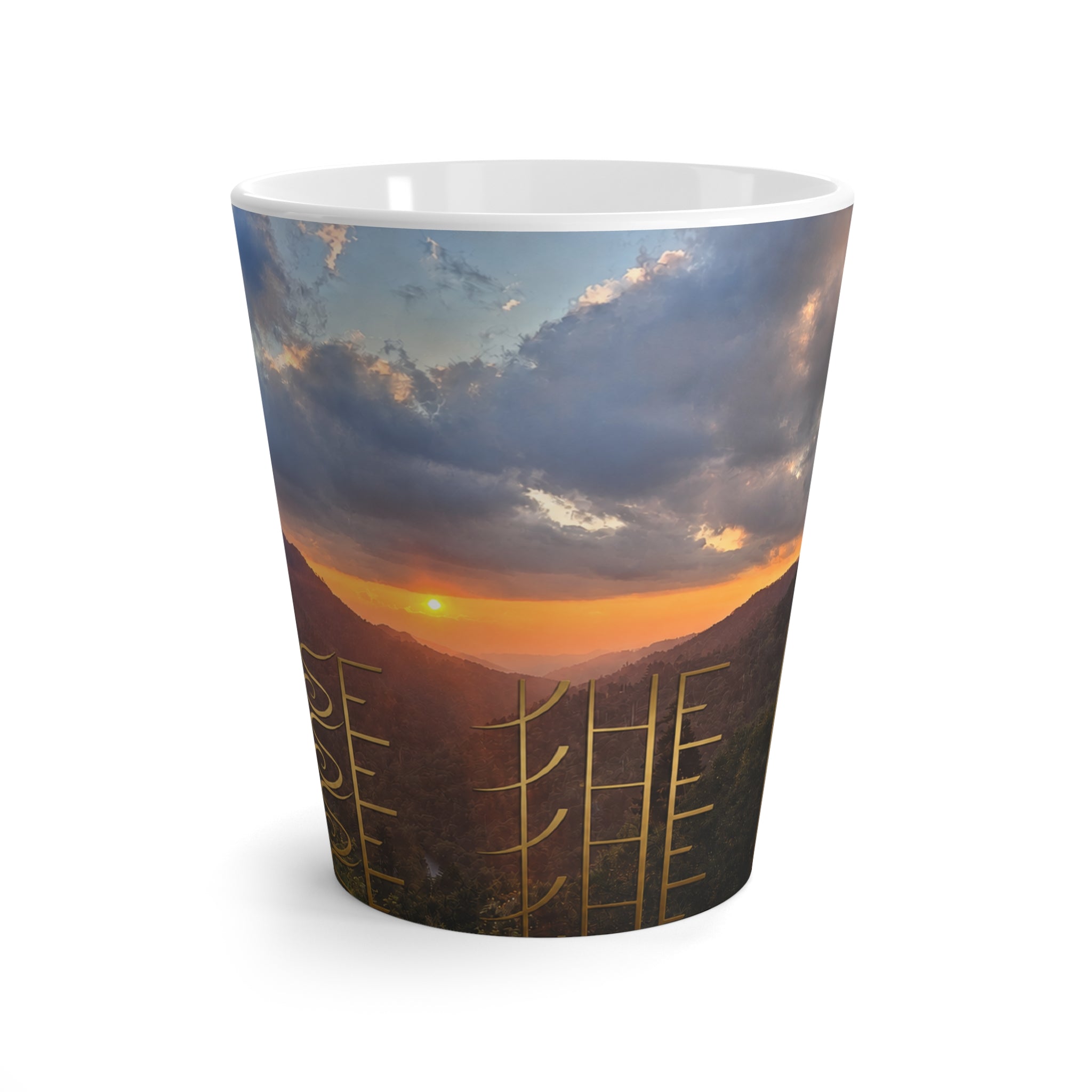 Sunset Mountain Landscape Latte Mug | Hand-drawn Gold Rune Pattern