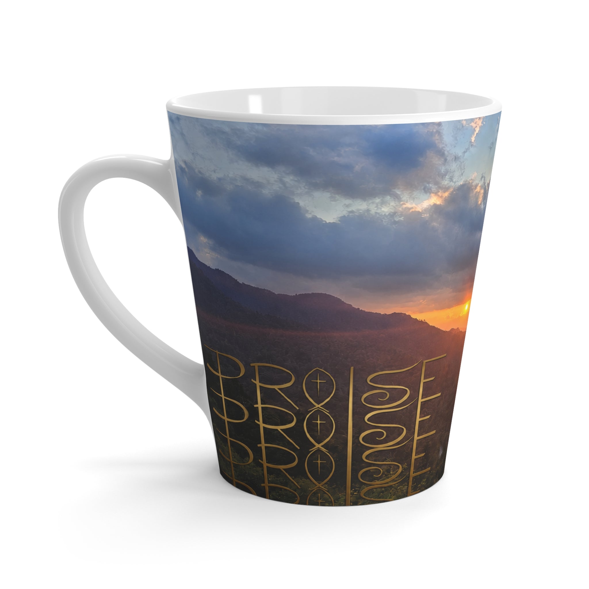 Sunset Mountain Landscape Latte Mug | Hand-drawn Gold Rune Pattern
