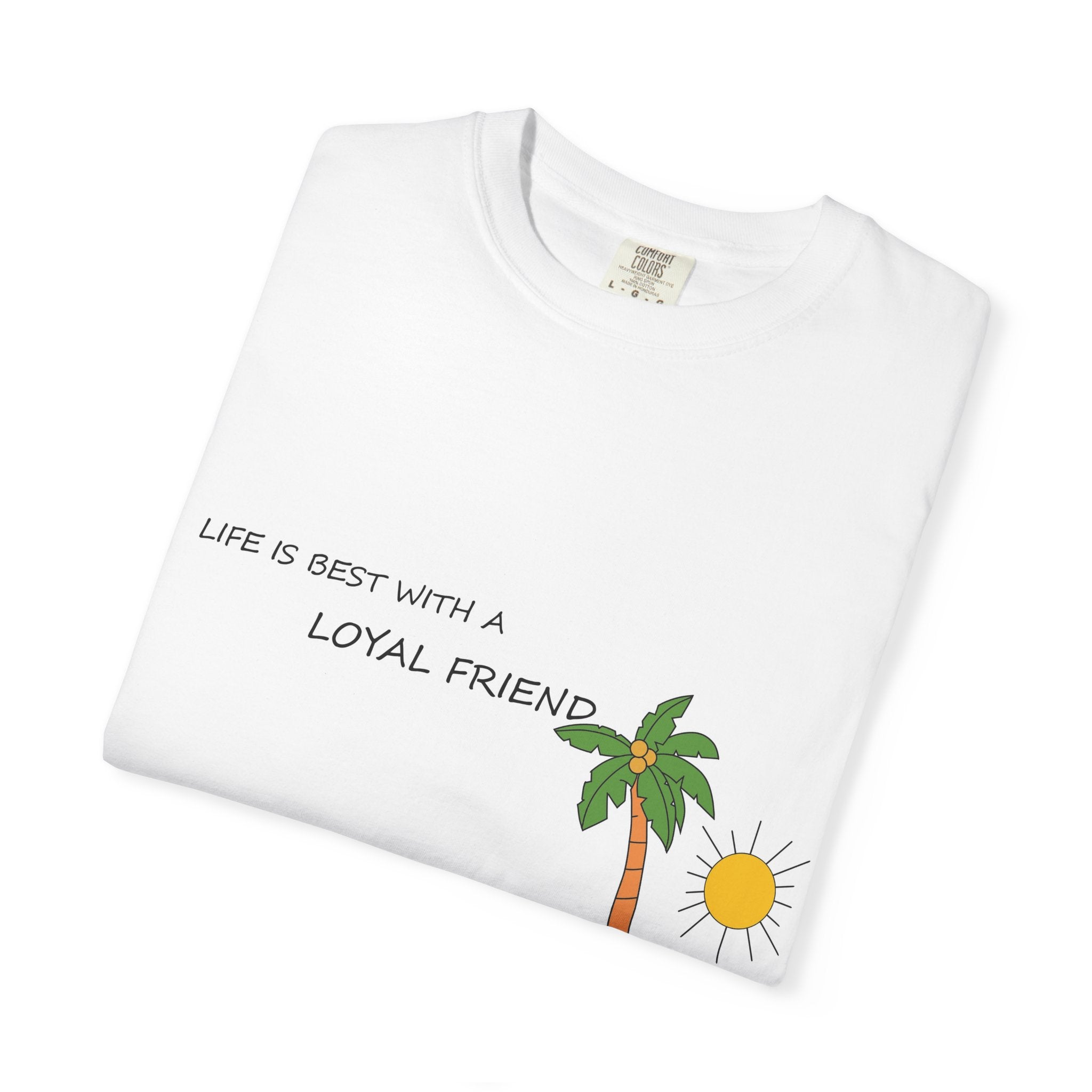 Loyal Friend, Dog, Beach Illustration T-Shirt | Man and Dog Sitting on Island