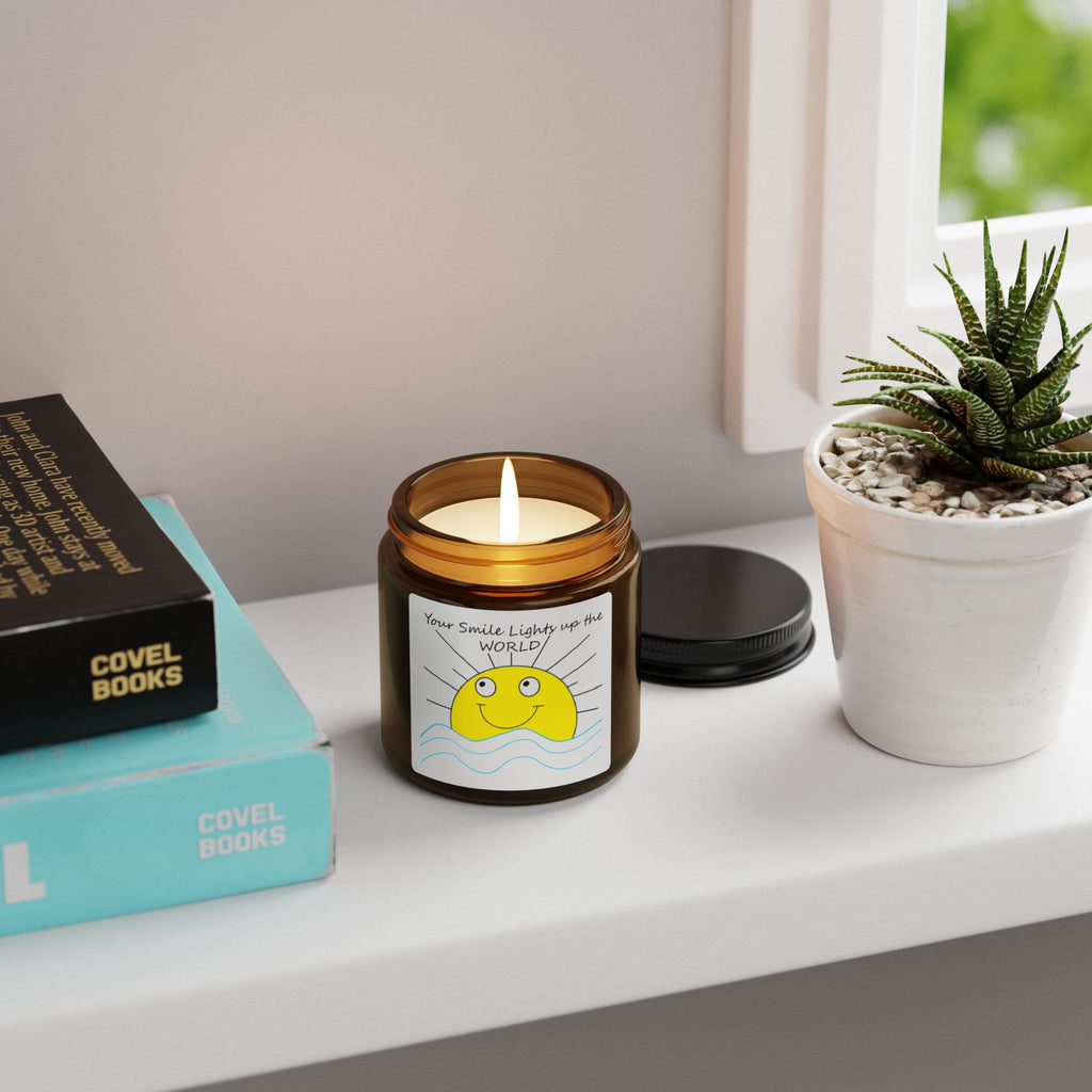 Your Smile Lights the world, Smiling Sun Illustration Candle amber jar | Scented Soy Candle