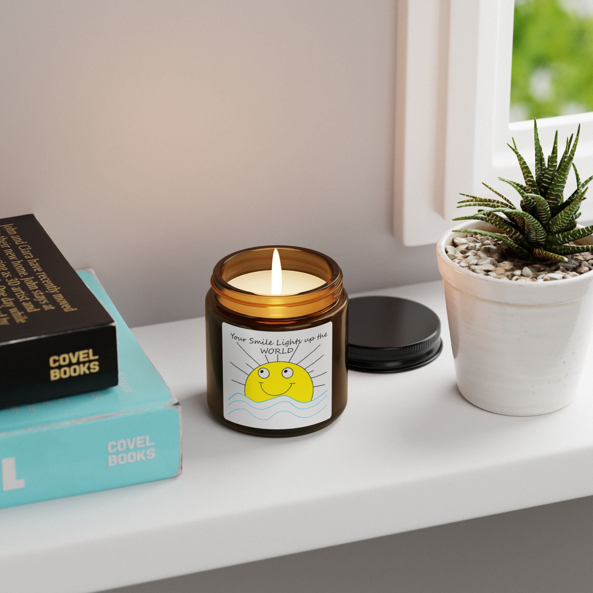Your Smile Lights the world, Smiling Sun Illustration Candle amber jar | Scented Soy Candle