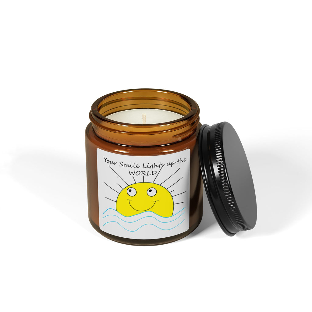 Your Smile Lights the world, Smiling Sun Illustration Candle amber jar | Scented Soy Candle