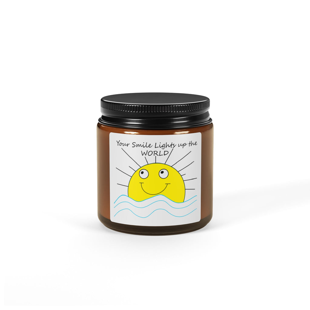 Your Smile Lights the world, Smiling Sun Illustration Candle amber jar | Scented Soy Candle
