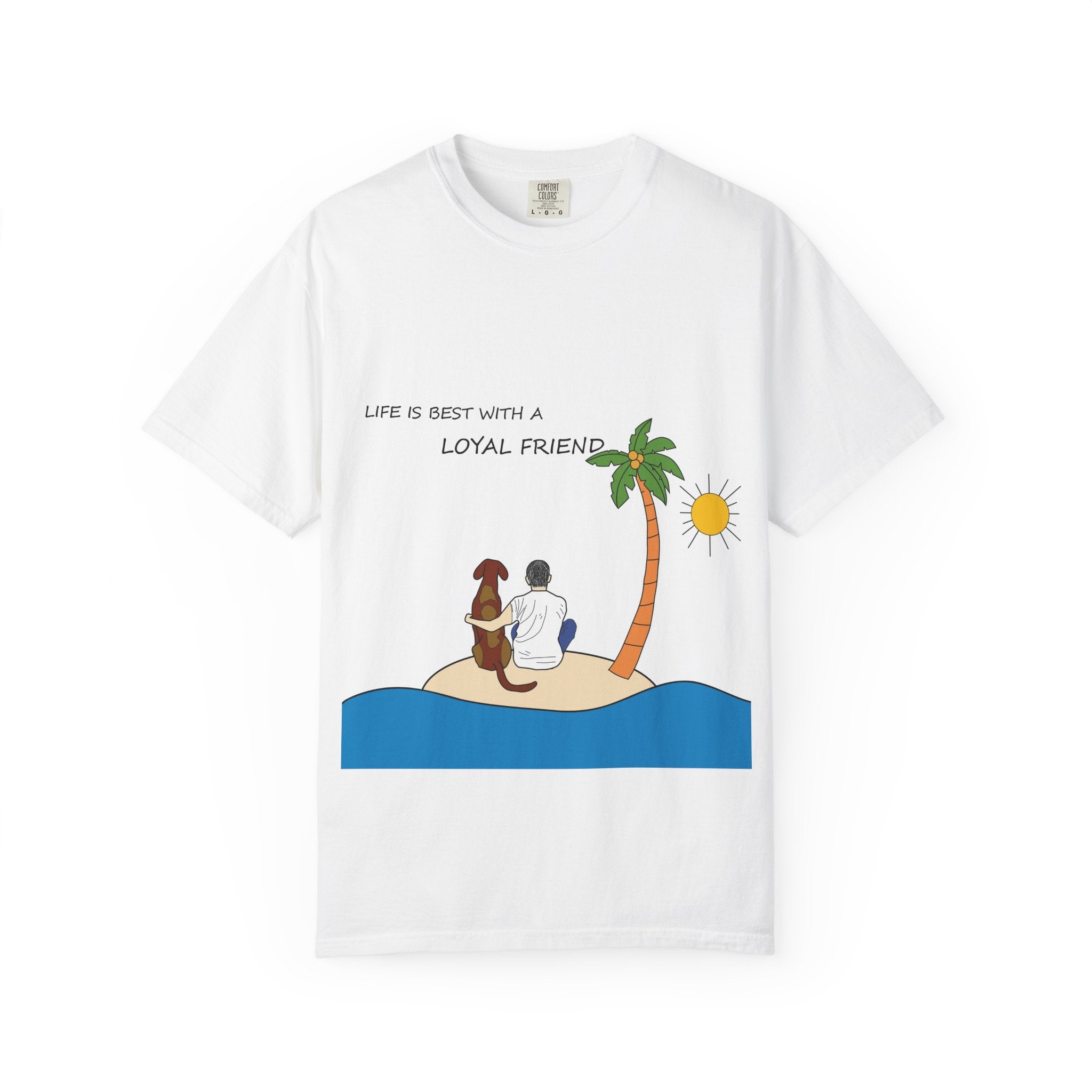 Loyal Friend, Dog, Beach Illustration T-Shirt | Man and Dog Sitting on Island