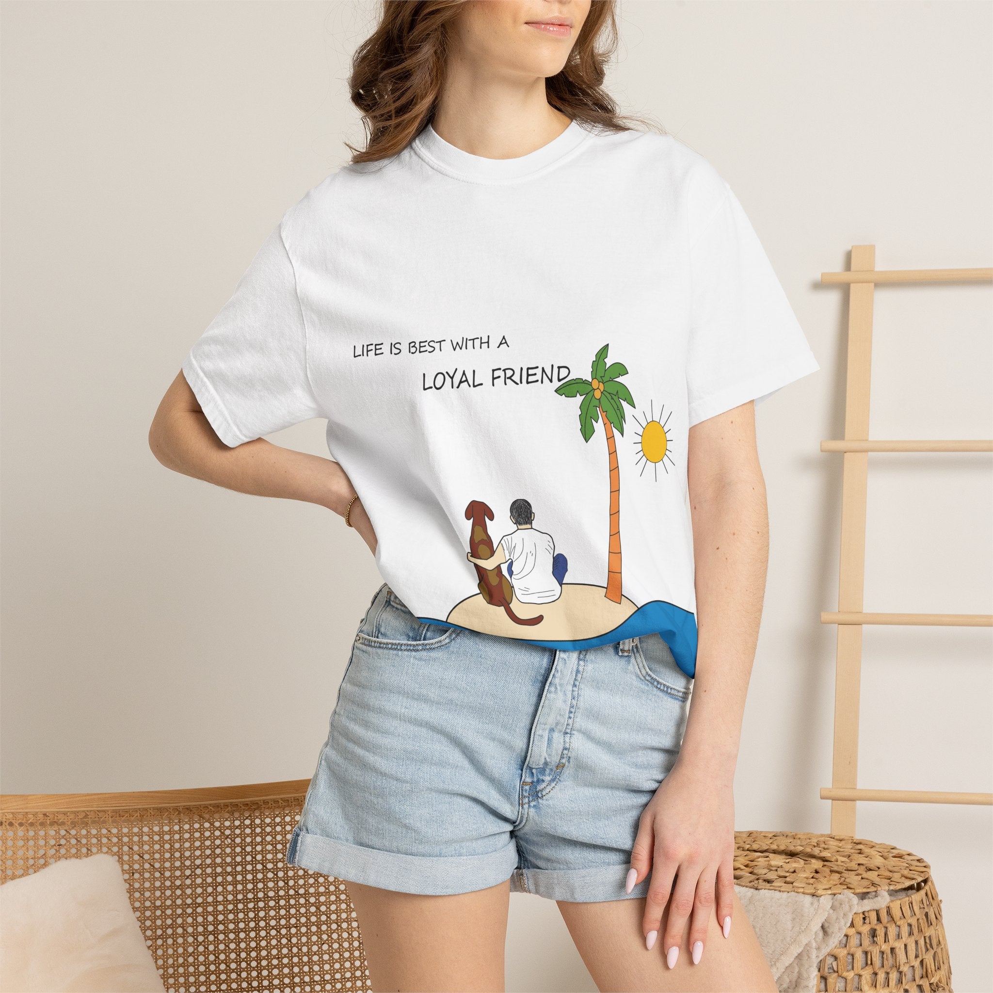 Loyal Friend, Dog, Beach Illustration T-Shirt | Man and Dog Sitting on Island